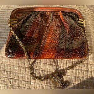 Vintage Genuine Leather Brown Clutch with Gold Chain Strap made in Spain